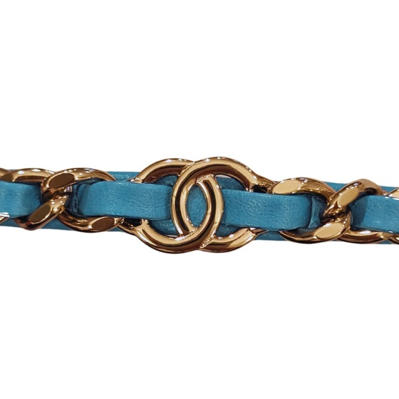 NWT Authentic Chanel 22S Blue Leather/Gold Chain CC Logo Headband Hair Accessory - Picture 10 of 15